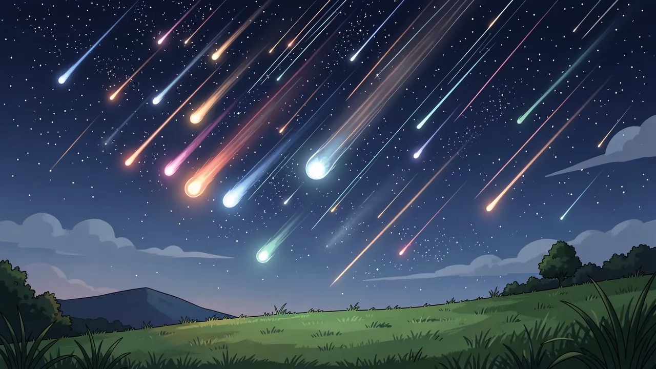 Colorful streaking meteors fall across a starry night sky above a grassy hilltop