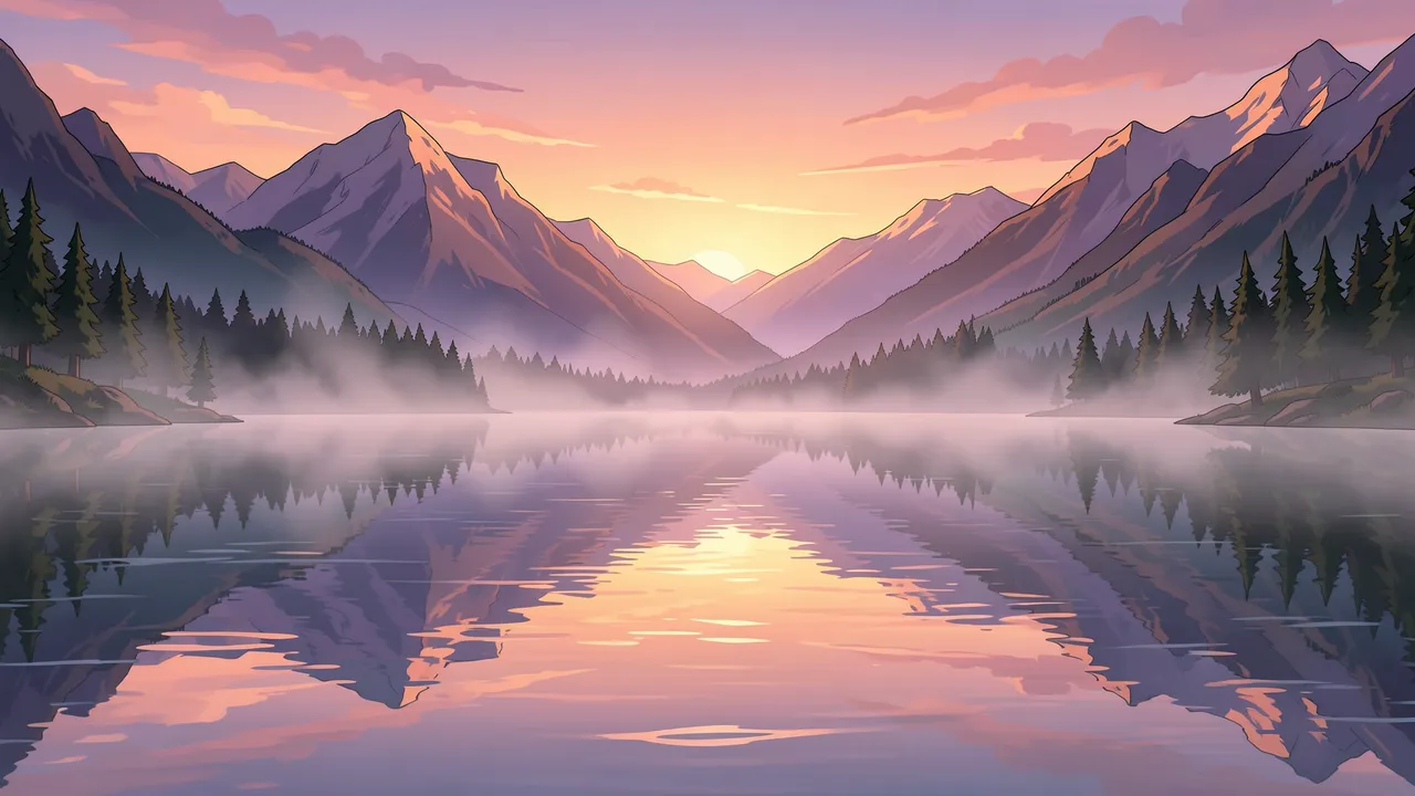 Anime-style illustration of a calm mirror mountain lake with mist, reflections, and pink-purple dawn sky