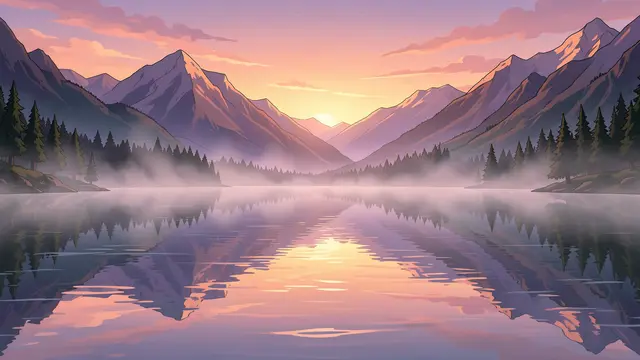 Anime-style illustration of a calm mirror mountain lake with mist, reflections, and pink-purple dawn sky