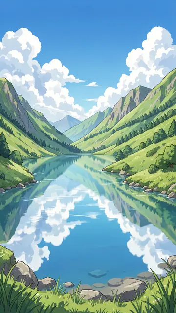 Vertical anime illustration of a calm mountain lake reflecting clouds and green alpine slopes on a clear summer day