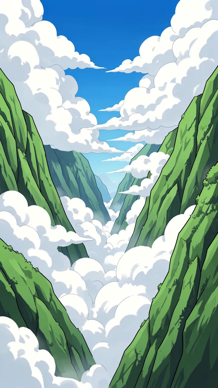 Stylized anime illustration of billowing clouds flowing through a steep green mountain valley under a bright blue sky