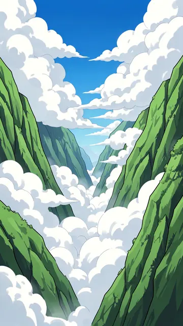 Stylized anime illustration of billowing clouds flowing through a steep green mountain valley under a bright blue sky