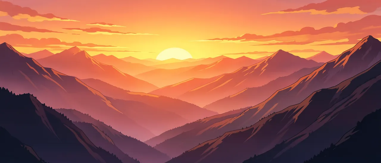 Layered mountain ranges fade into a glowing warm orange and yellow sunset sky in a stylized anime illustration.
