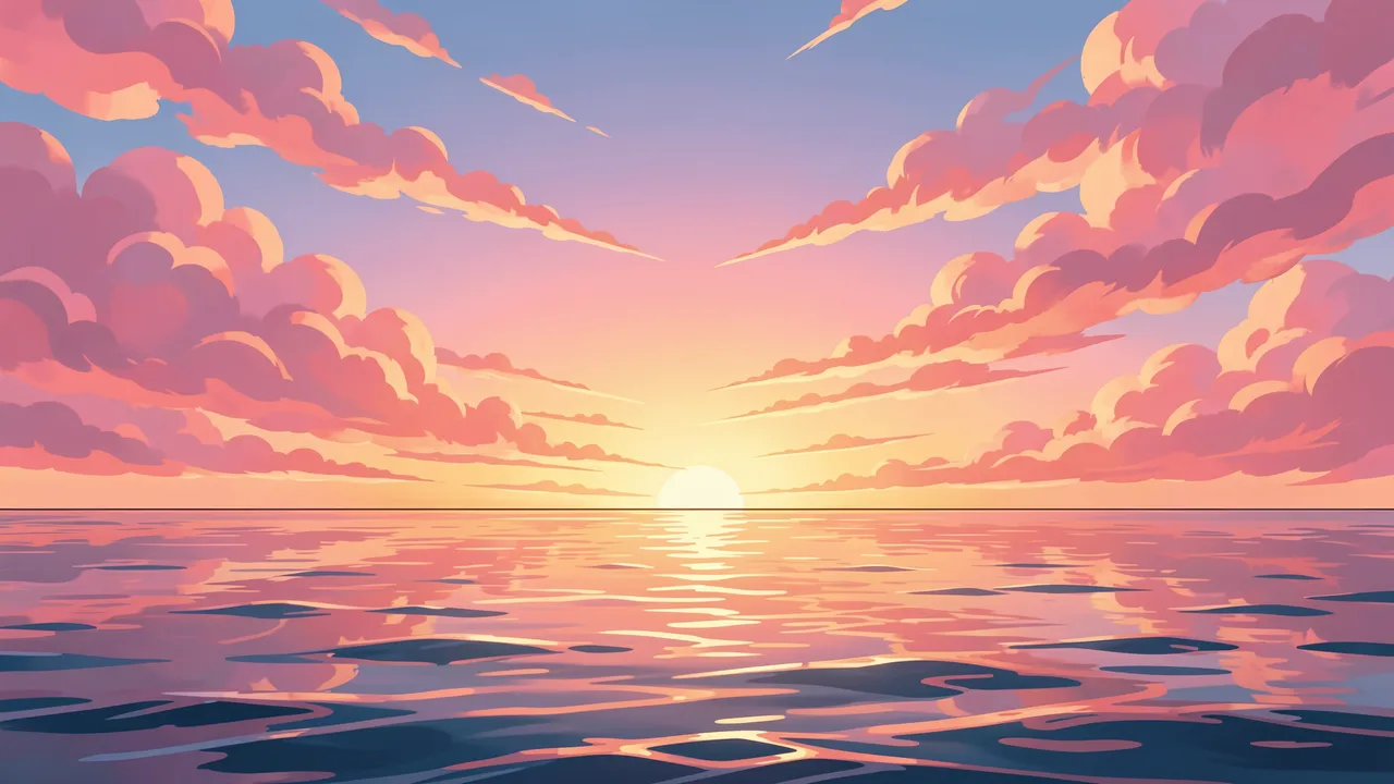 Stylized anime illustration of a calm sea reflecting a glowing sunset beneath pink and orange clouds