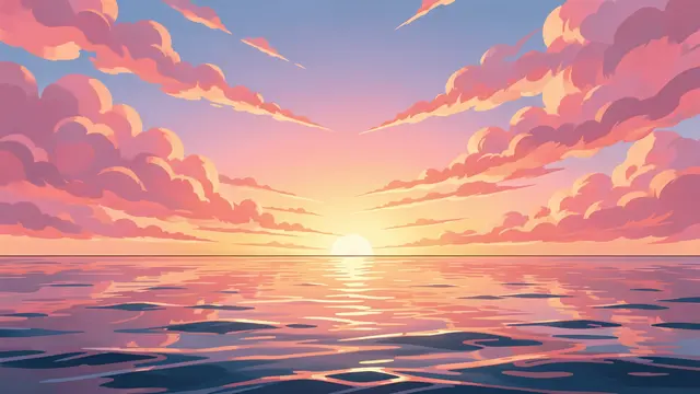 Stylized anime illustration of a calm sea reflecting a glowing sunset beneath pink and orange clouds