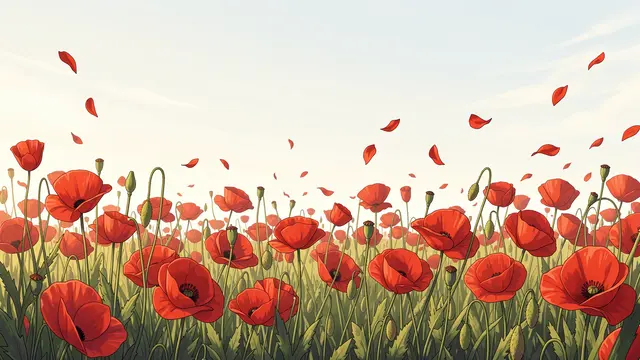 Anime-style illustration of a red poppy field with petals drifting under a pale soft sky