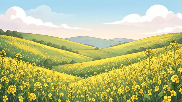 Anime-style illustration of rolling yellow rapeseed hills under a soft pastel spring sky
