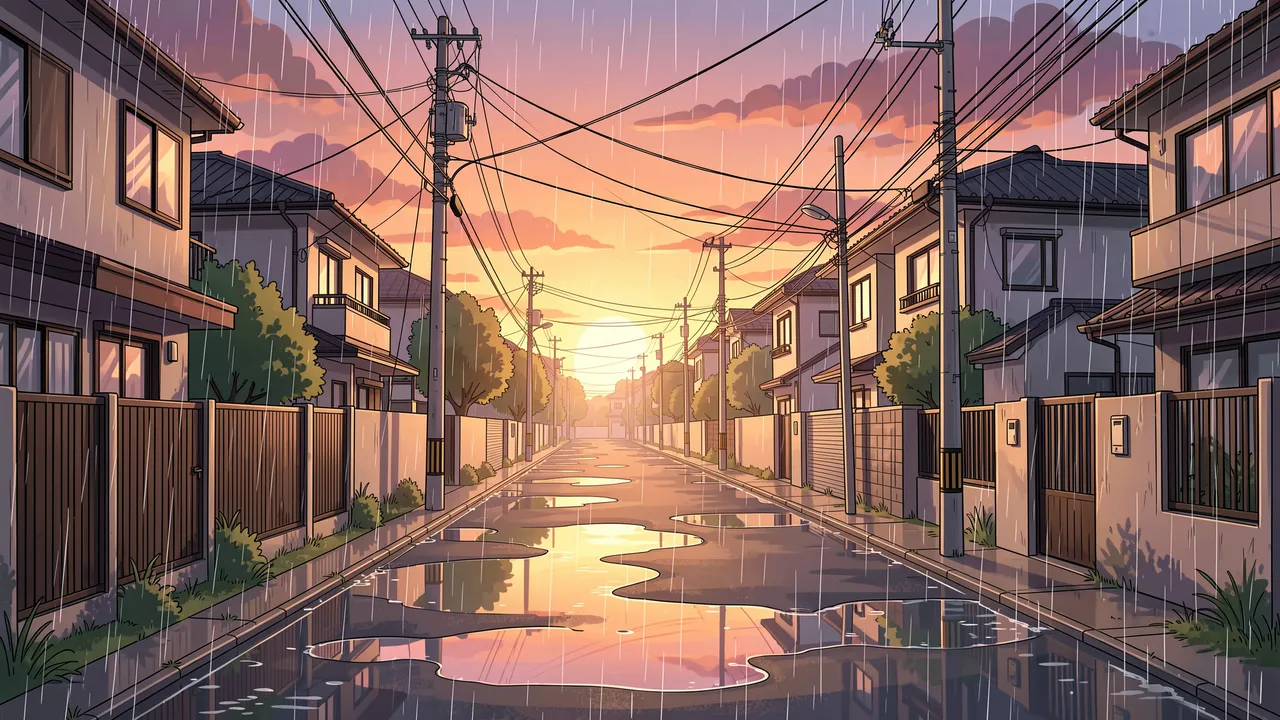 Wet quiet residential street with puddles and power lines during rain at sunset in anime illustration style