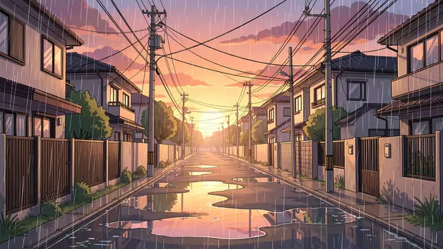 Wet quiet residential street with puddles and power lines during rain at sunset in anime illustration style