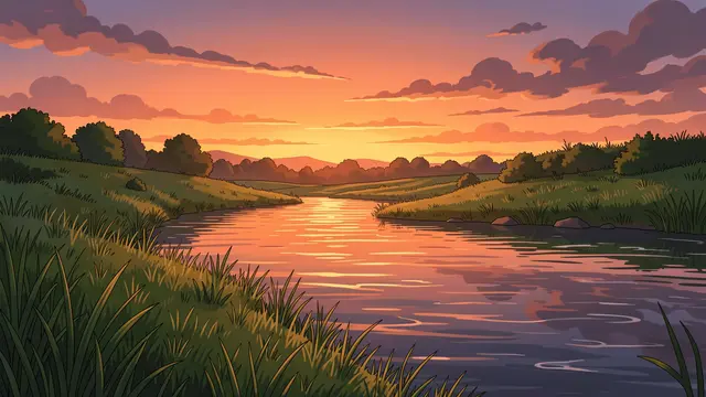 Anime style illustration of a calm winding river glowing with orange sunset light between grassy banks
