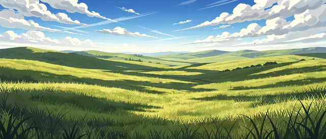Sunlit rolling grass hills stretch beneath a bright blue sky with drifting clouds and sweeping cloud shadows.