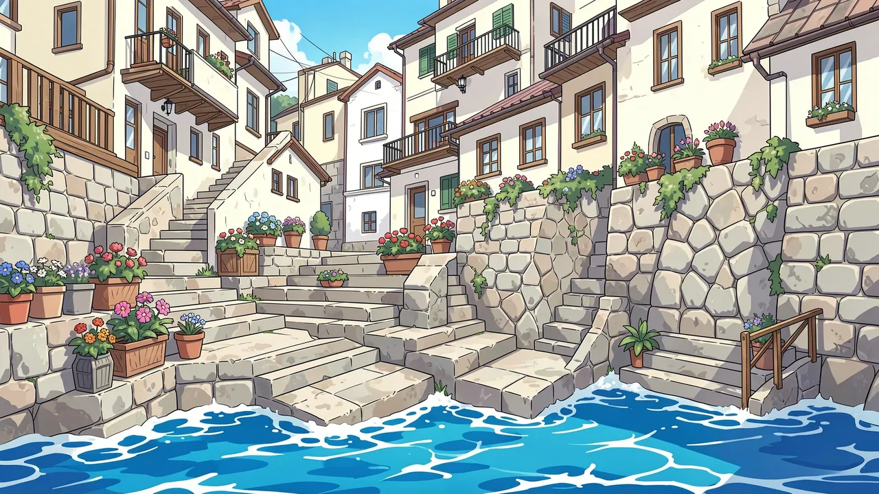 Anime-style illustration of a sloping seaside town with stone stairs and flower pots beside bright blue sea