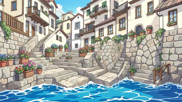 Anime-style illustration of a sloping seaside town with stone stairs and flower pots beside bright blue sea