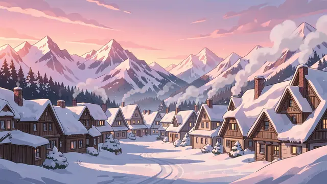 Anime illustration of a snow-covered alpine village under pink dawn skies with smoking chimneys and snow-capped peaks.