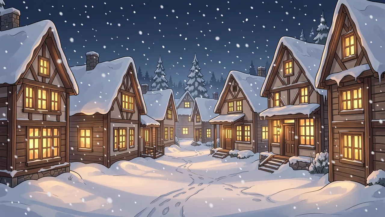Cozy half-timbered village houses line a snow-covered street under a dark night sky with gently falling snow and glowing