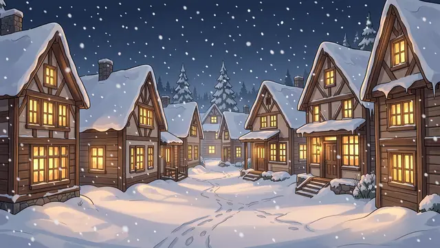 Cozy half-timbered village houses line a snow-covered street under a dark night sky with gently falling snow and glowing