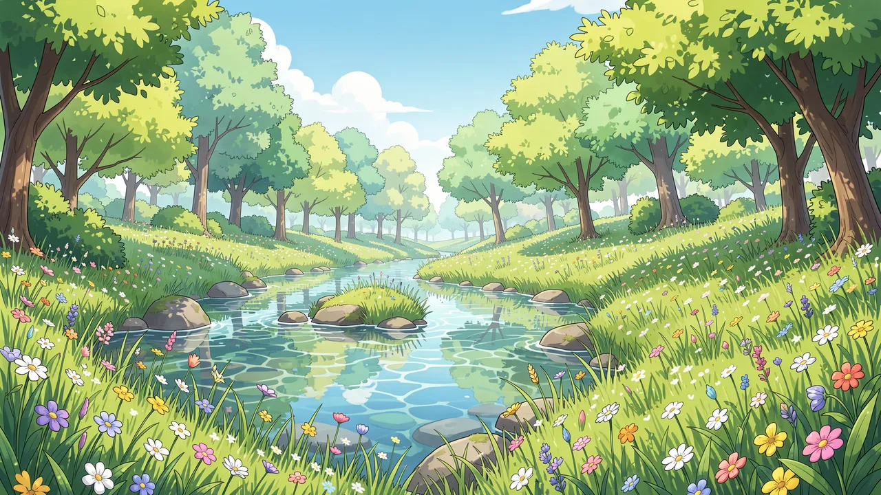 A bright anime-style illustration of a clear brook winding through a sunlit spring wildflower meadow lined with green trees