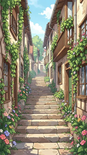 A vertical anime illustration shows winding stone steps between ivy-covered old houses dotted with colorful flowers under a