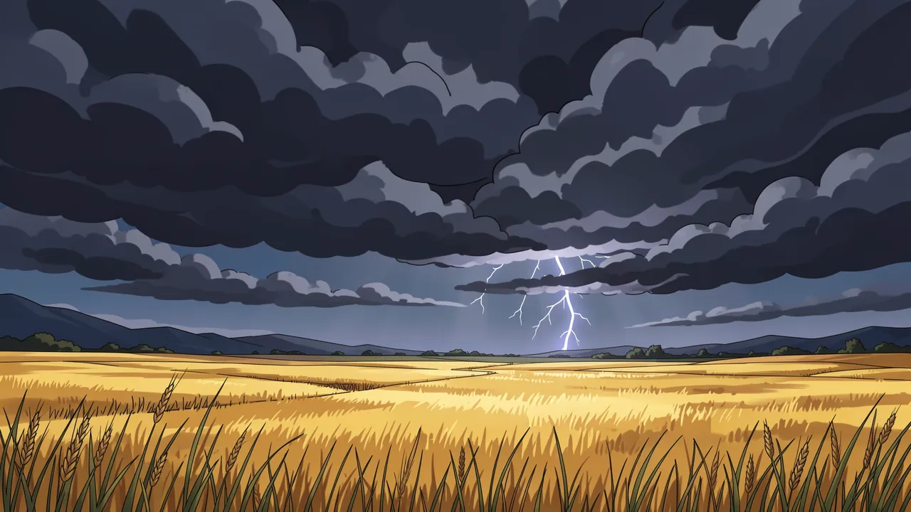 Dark storm clouds and distant lightning loom over a sunlit golden wheat field with rolling hills on the horizon