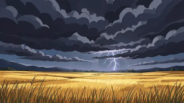 Dark storm clouds and distant lightning loom over a sunlit golden wheat field with rolling hills on the horizon