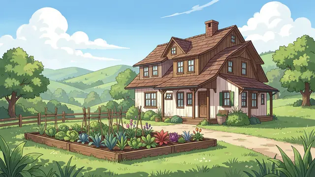 An anime-style illustration of a quiet farmhouse with a raised vegetable garden surrounded by rolling green hills on a