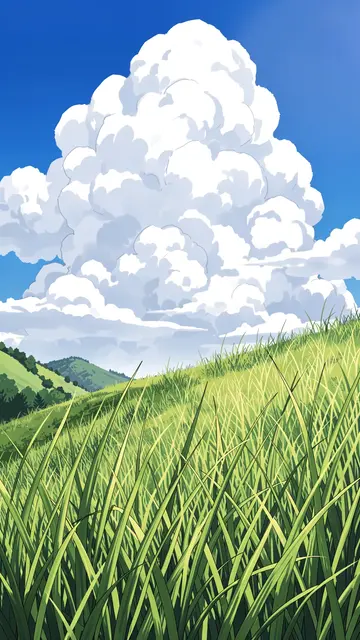 Tall summer grass covers a sunlit hillside beneath a massive white thunderhead cloud in bright blue sky