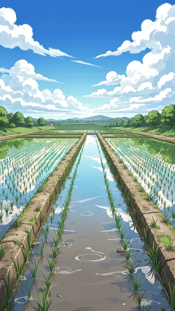 Vertical anime illustration of a narrow water path through flooded rice paddies reflecting a bright summer sky with clouds