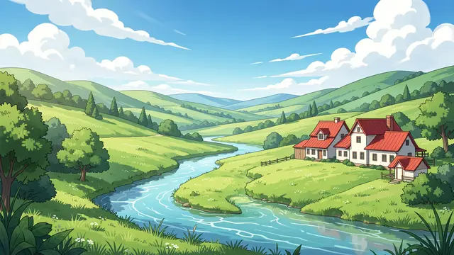 A bright anime-style illustration of a green rolling valley with a winding river and red-roofed farmhouses under a sunny sky