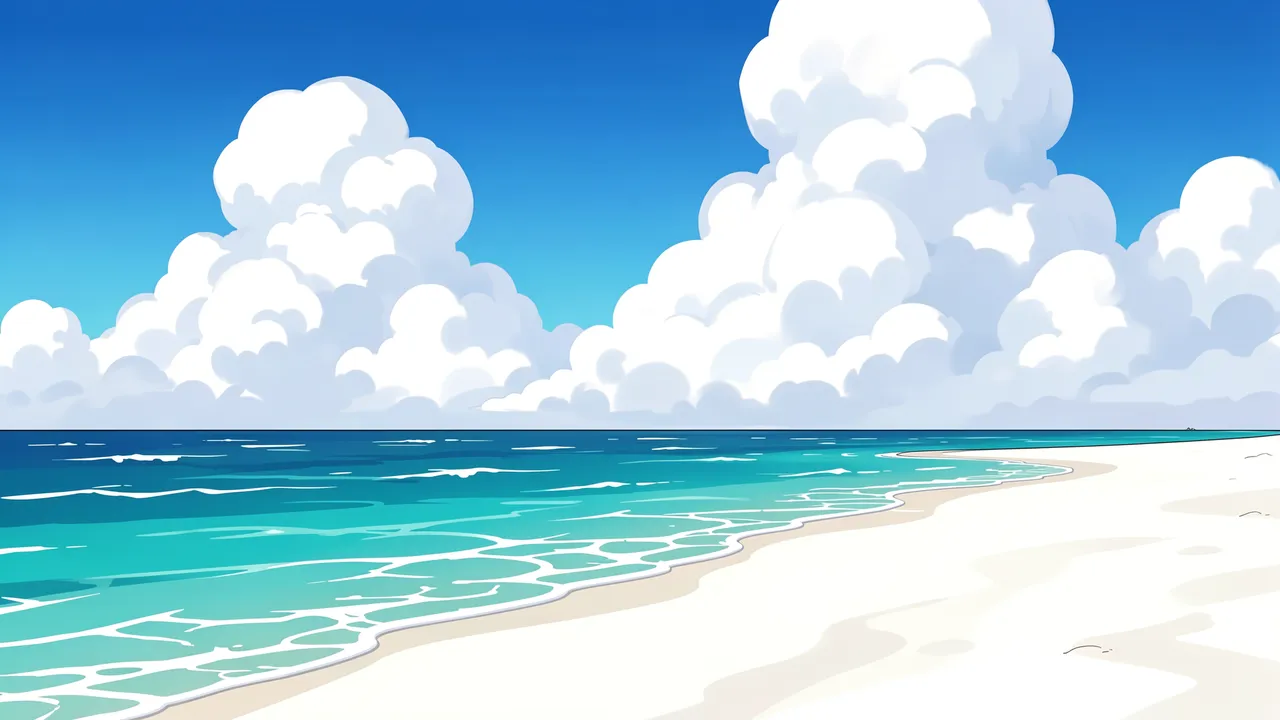 Anime-style illustration of a quiet summer beach with turquoise water, white sand, and large fluffy cumulus clouds