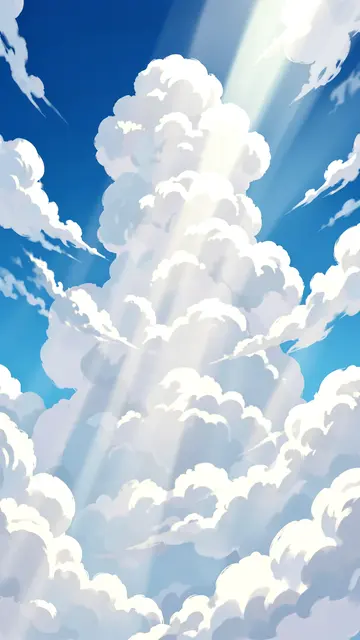 Towering fluffy cumulus clouds fill a bright blue sky with sunbeams streaming through