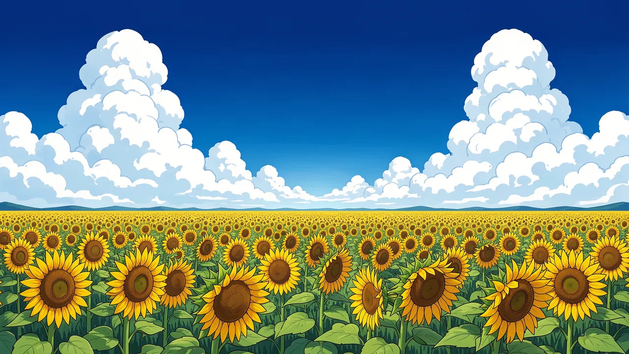 Anime-style illustration of a vast sunflower field stretching to the horizon under a deep blue sky with fluffy cumulus