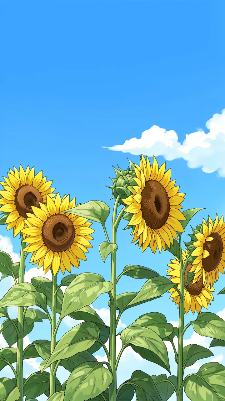Tall illustrated sunflowers stand against a bright blue sky with soft white clouds in a vertical wallpaper composition