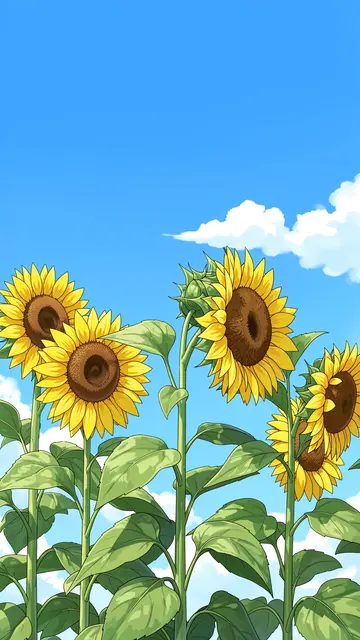 Tall illustrated sunflowers stand against a bright blue sky with soft white clouds in a vertical wallpaper composition