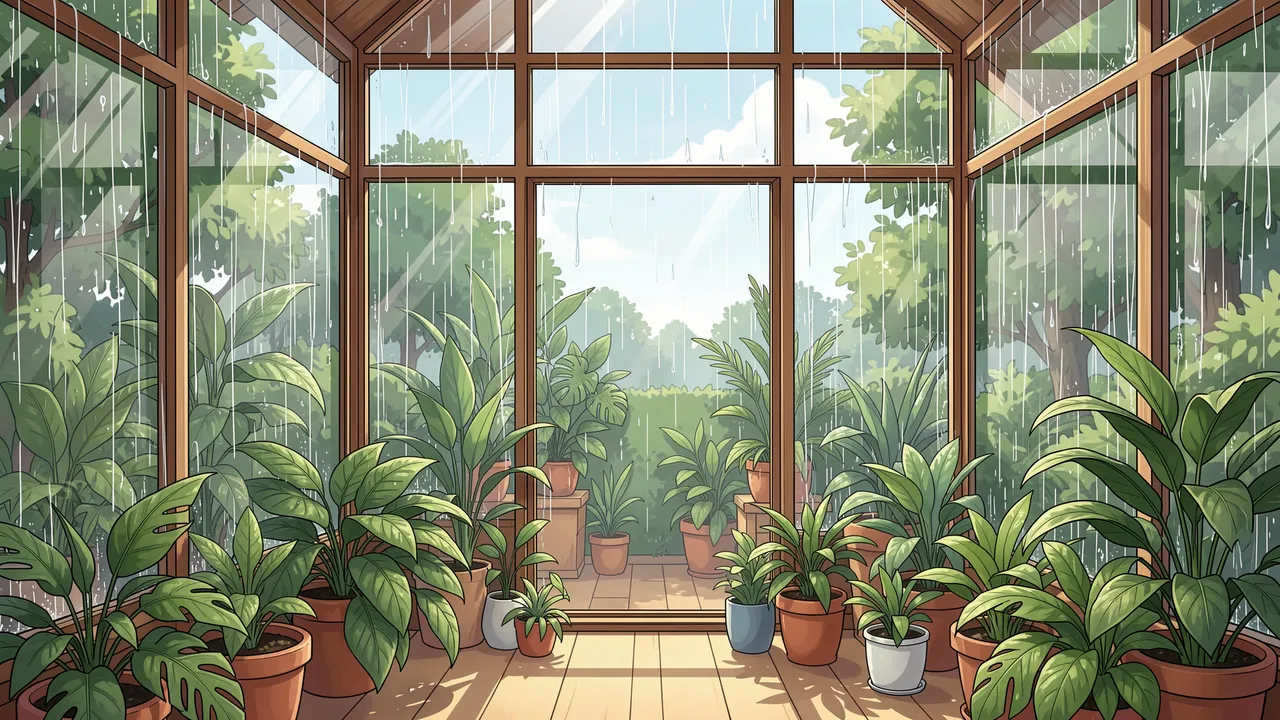 Illustration of a cozy sunroom filled with potted houseplants as raindrops streak down the glass windows