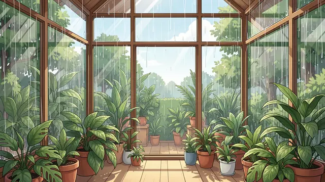Illustration of a cozy sunroom filled with potted houseplants as raindrops streak down the glass windows