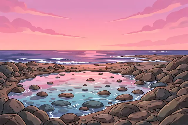 Anime style illustration of a rocky tide pool shore at low tide under a soft pink evening sky