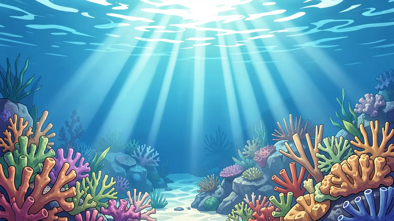 Sunbeams stream through clear blue ocean water onto a vibrant illustrated coral reef