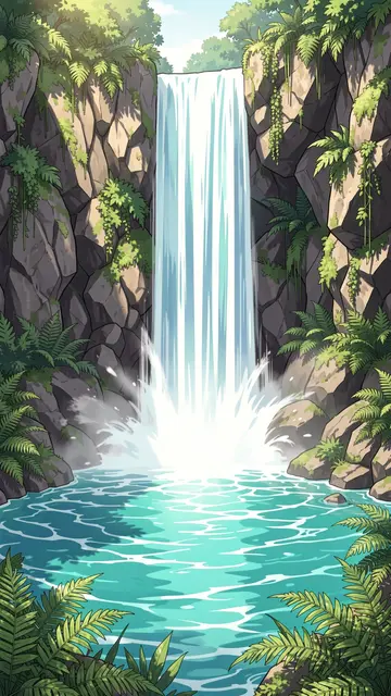Vertical anime illustration of a tall waterfall cascading into a turquoise pool ringed with ferns and rocky cliffs.