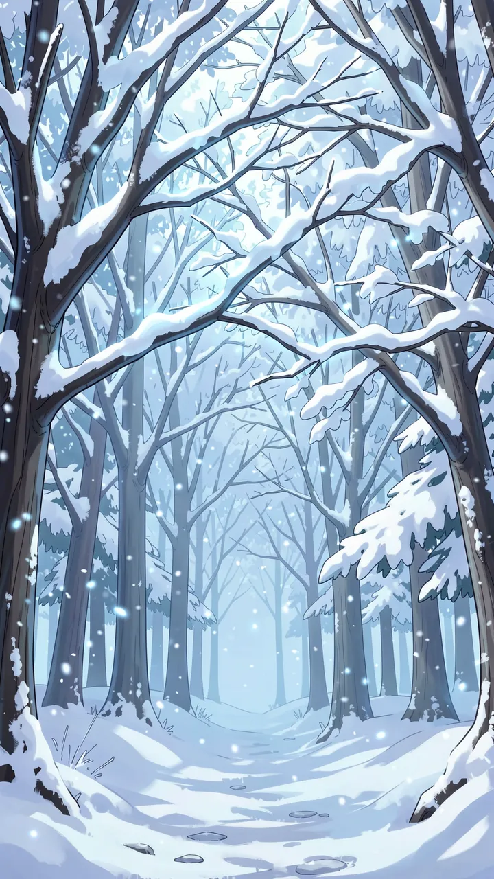 Snow-covered winter forest with soft glowing blue light and falling snowflakes in anime illustration style
