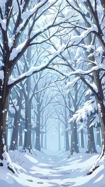 Snow-covered winter forest with soft glowing blue light and falling snowflakes in anime illustration style