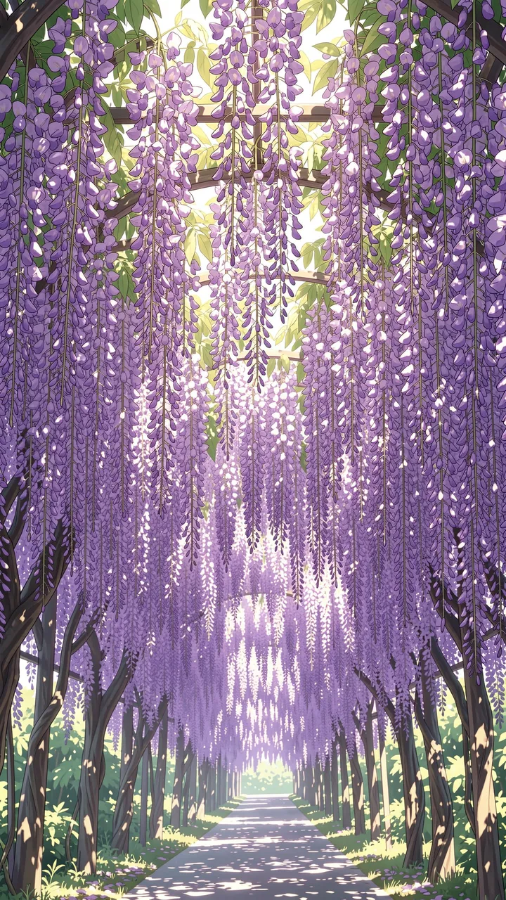 Sunlit vertical anime illustration of a long pathway framed by hanging purple wisteria blossoms forming a tunnel.