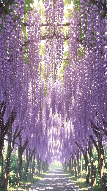 Sunlit vertical anime illustration of a long pathway framed by hanging purple wisteria blossoms forming a tunnel.