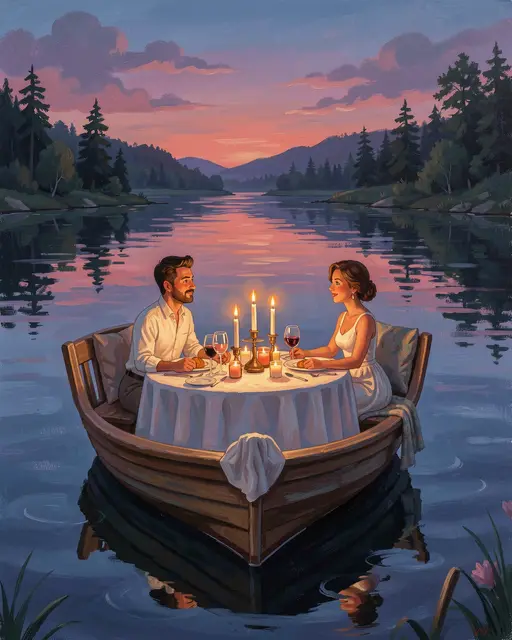 A couple shares a candlelit dinner on a small wooden boat floating on a calm lake at sunset.