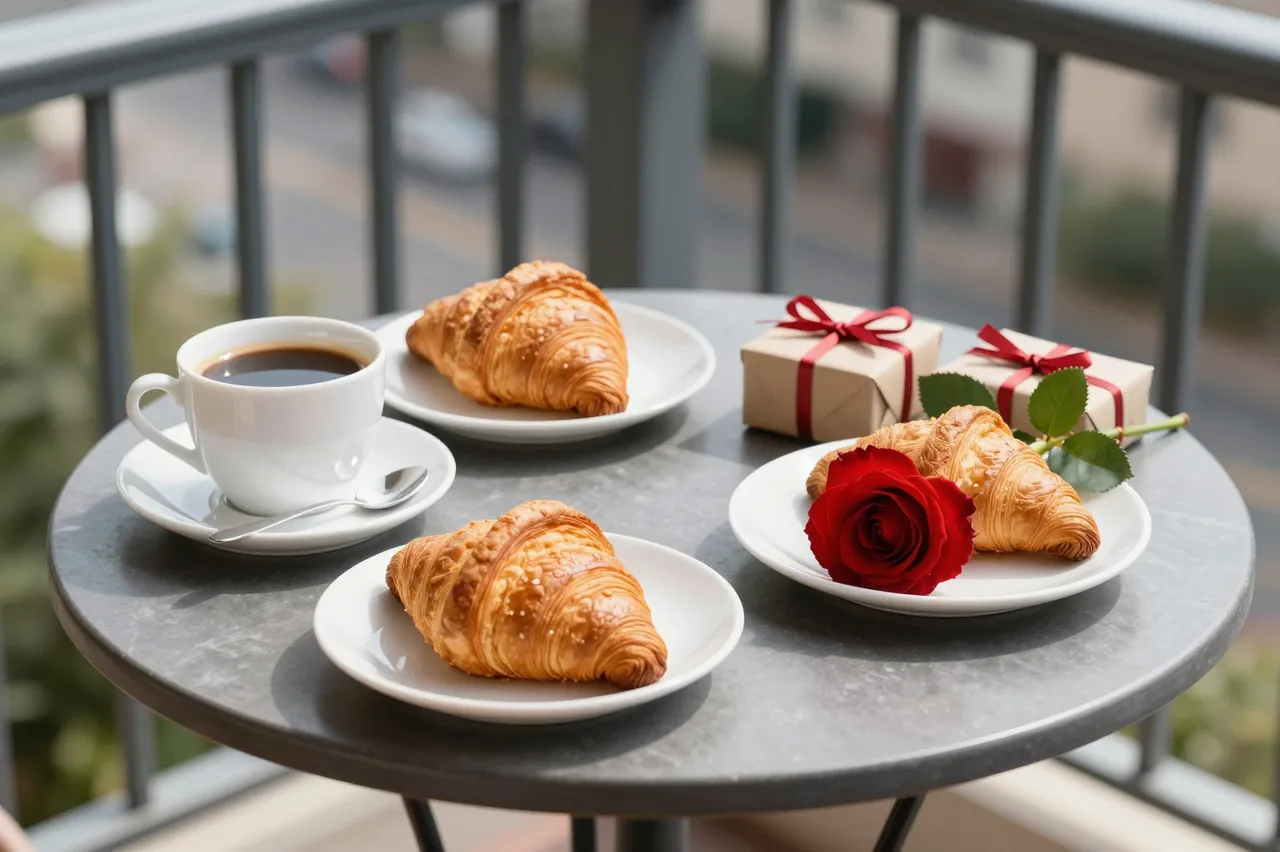 Round balcony table set with coffee, croissants, a red rose and small wrapped gifts in bright sunlight