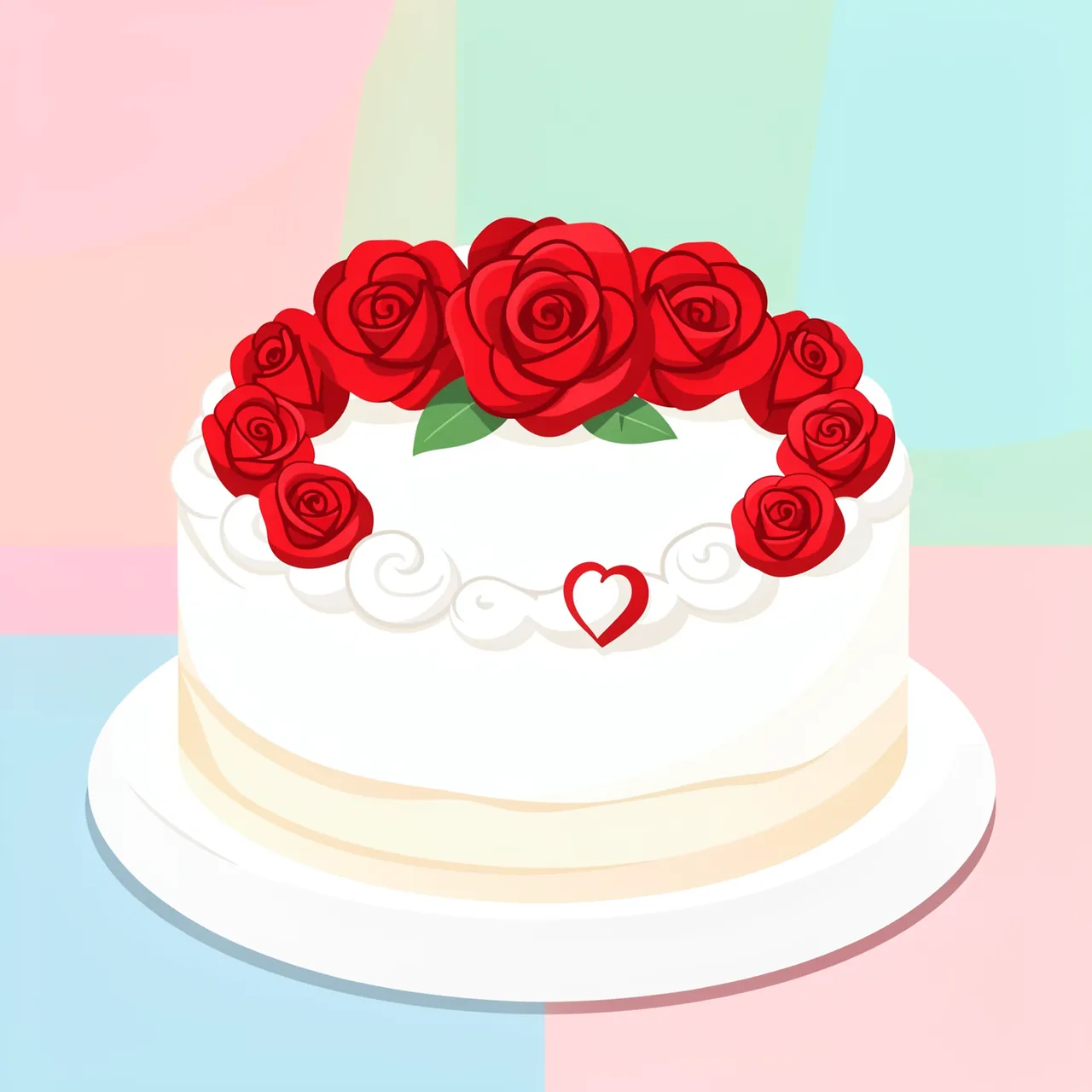 A round white frosted anniversary cake decorated with red roses sits on a white plate over a pastel geometric backdrop