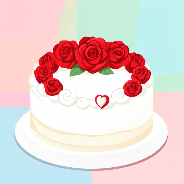 A round white frosted anniversary cake decorated with red roses sits on a white plate over a pastel geometric backdrop