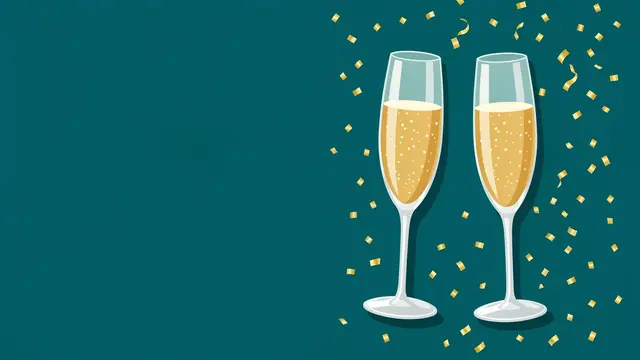 Two filled champagne flutes with gold confetti sit on a deep teal background with empty left copy space