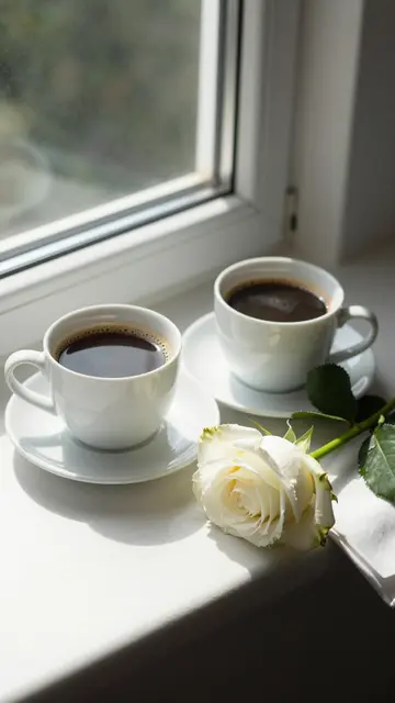 Two white coffee cups and a single white rose sit on a sunlit windowsill in morning light