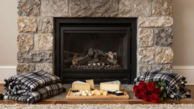 Cheese board, plaid blankets and red roses sit arranged in front of a stone fireplace on a rug