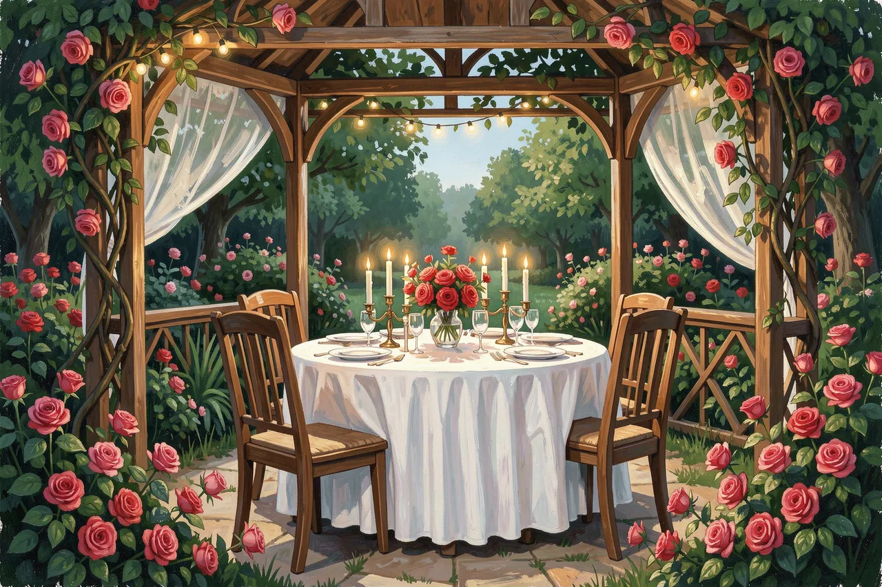 Gouache illustration of a romantic candlelit table for two set in a rose-covered wooden garden gazebo at dusk
